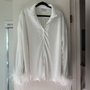 Brand New Waverles White Crinkle Pajama Set with Feather Cuffs